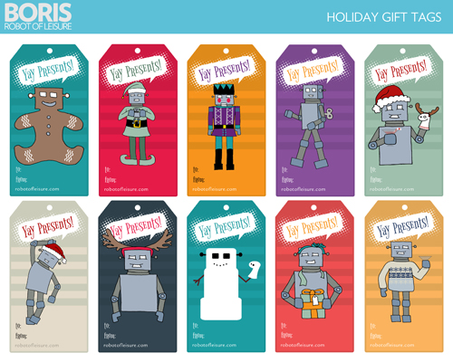 set of 10 holiday gift tags, illustrated robot in festive Christmas-themed costumes