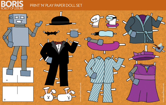 Print 'n' play paper doll set. Illustrated robot on stand next to selection of costumes with white tabs