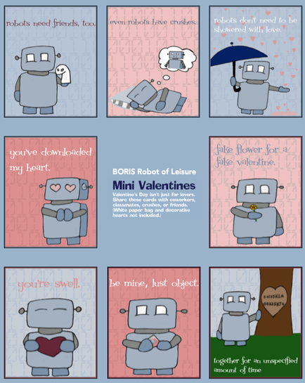 set of 8 mini valentines. 1. lil robot with sock puppet says 