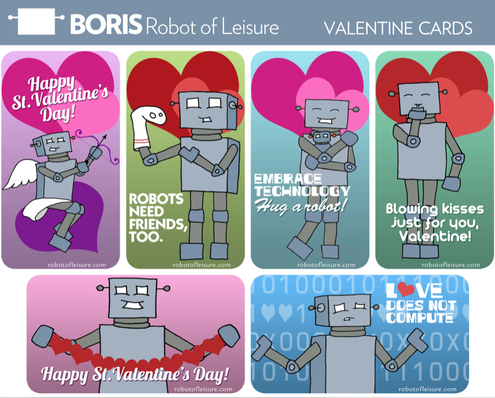 set of 6 mini valentines cards. 1. cupid robot says 