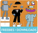 cropped image of illustrated robot paper doll set. label reads "freebies and downloads". link goes to page with printable cards and activities featuring the Robot of Leisure