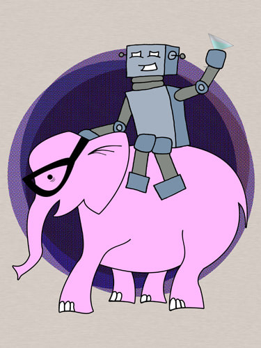illustrated robot holding a martini glass perched atop a pink elephant wearing glasses