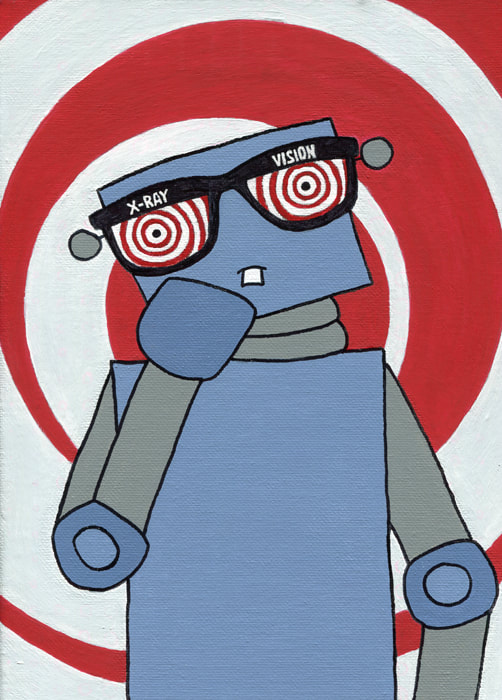 painting of robot wearing novelty x-ray glasses
