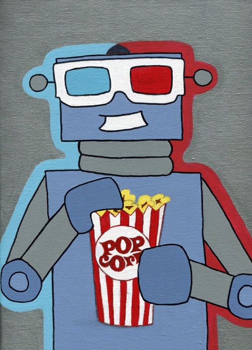 painting of robot wearing old 3D glasses and holding a box of popcorn
