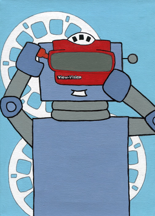 painting of robot looking through retro viewmaster toy