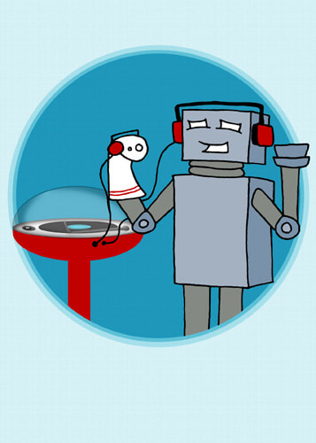 illustrated robot and sock puppet wearing headphones and standing next to mod record player