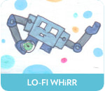 overhead illustration of robot looking up and waving. label reads "lo-fi whirr". link leads to gallery of early Robot of Leisure illustrations