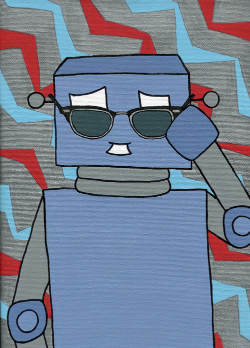 painting of robot peering over wayfarer sunglasses