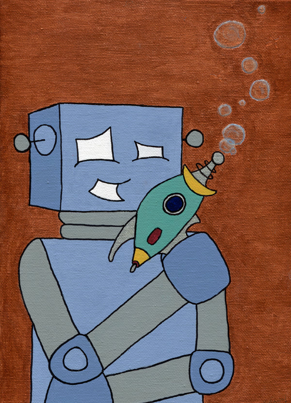 painting of robot holding a ray gun that is emitting bubbles