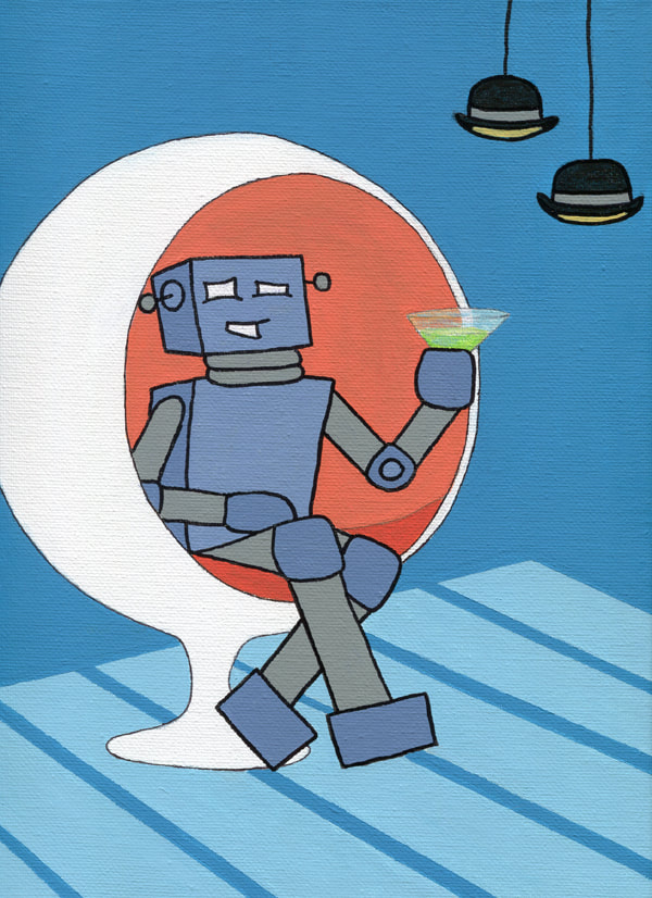 painting of robot sitting in white ball chair holding a martini glass