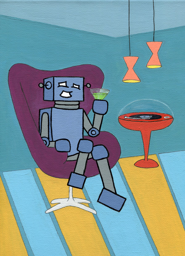 painting of robot sitting in mod easy chair next to a record player and holding a martini glass