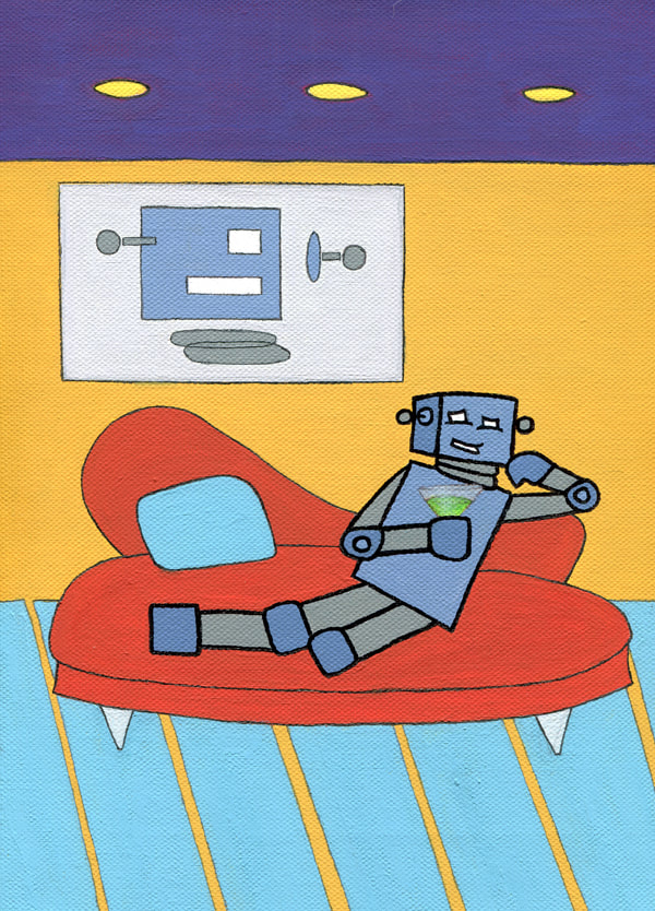 painting of robot lounging on modern sofa with martini glass, an abstract painting of robot on display behind sofa
