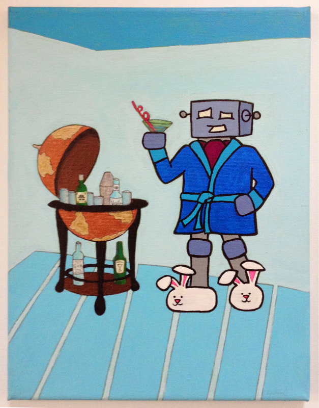 painting of robot in smoking jacket and bunny slippers holding a martini glass with a crazy straw and standing next to open drinks globe loaded with cocktail supplies