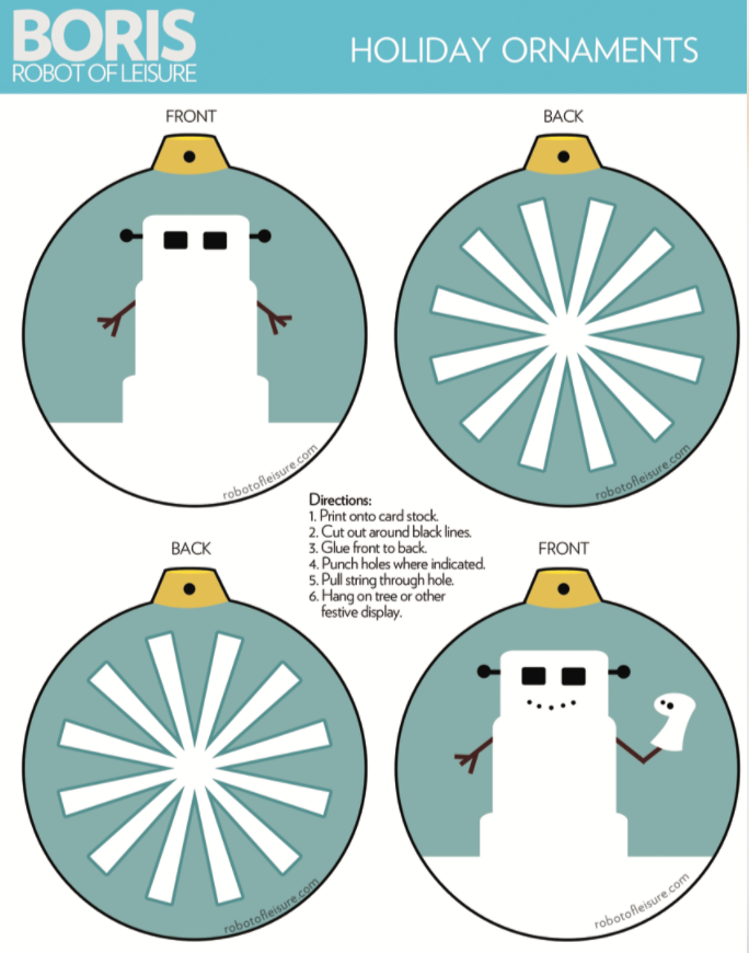 holiday ornament, snowman robots and snowflake asterisk
