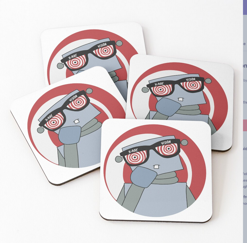 photo of coasters with an illustrated robot wearing x-ray vision glasses