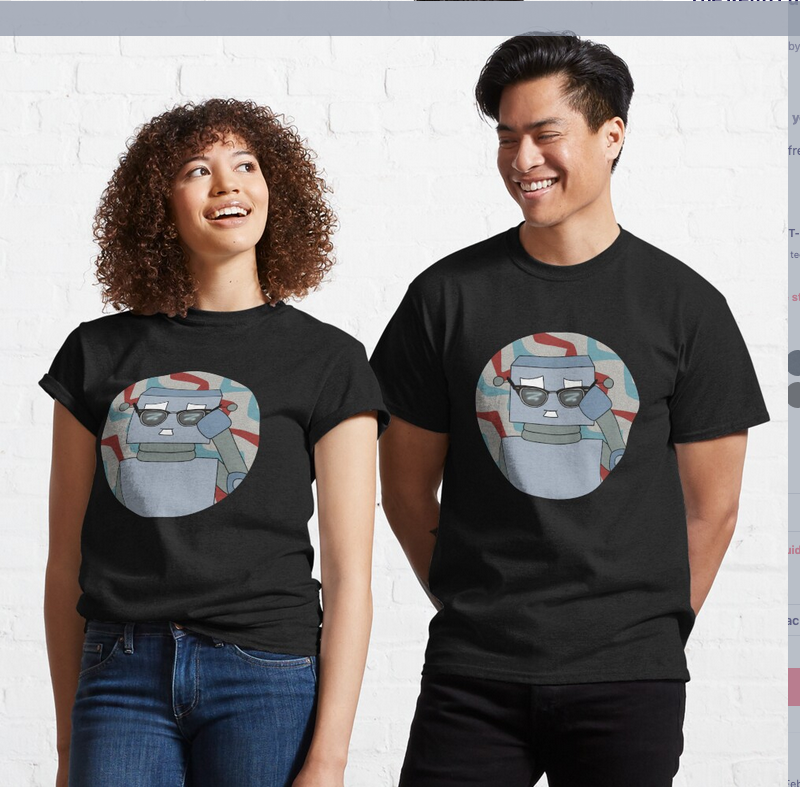 photo of two people wearing a t-shirt with a illustrated robot peering over a pair of sunglasses