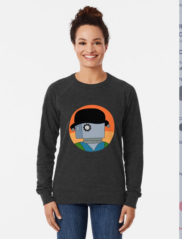 photo of person wearing a long-sleeved shirt with an illustrated robot made up like the original cover of A Clockwork Orange