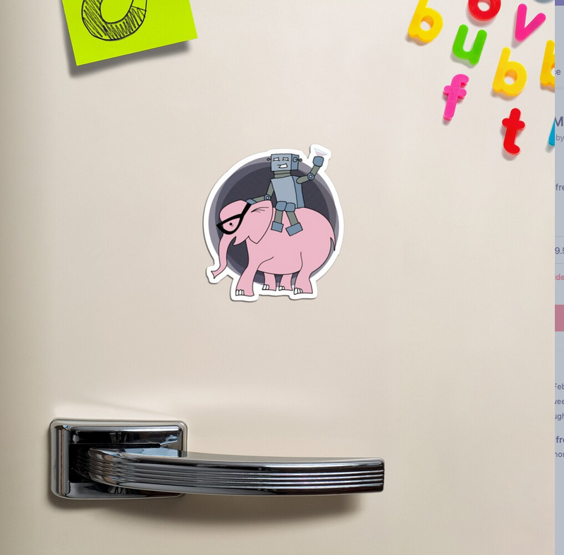 photo of refrigerator magnet with illustrated robot holding a martini glass and riding a pink elephant wearing glasses