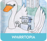 illustration of robot and sock puppet in swan boat. label reads "whirrtopia". link leads to gallery of sketchbook pages