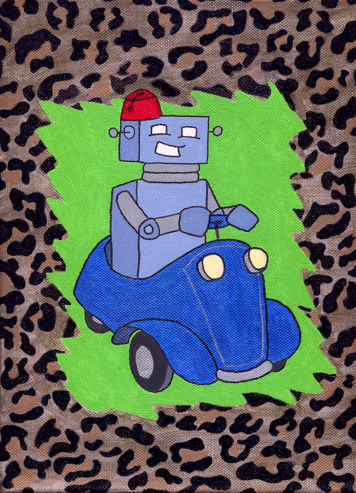 painting of robot wearing a fez and driving a three-wheel microcar